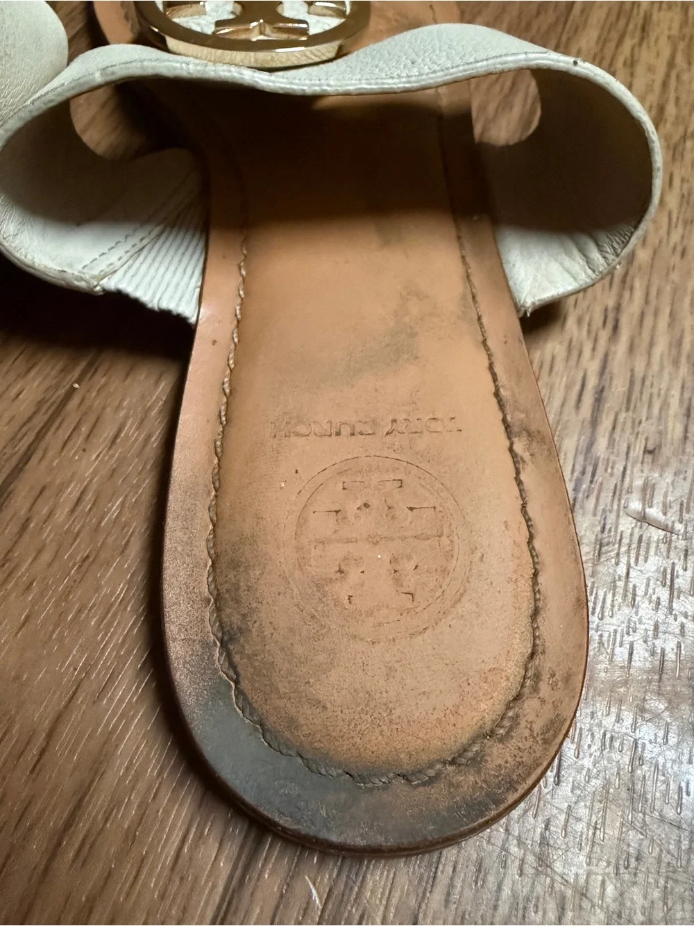 Tory Burch Ivory Leather Logo Thong Sandals with Gold Emblem